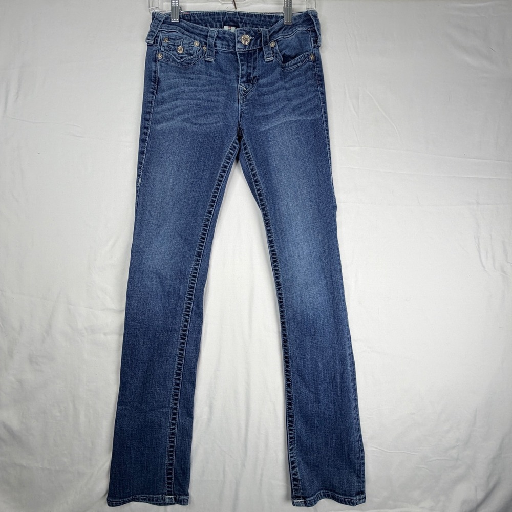 True Religion Slim Straight Jeans Womens 27 Medium Wash Blue Low Rise Denim
